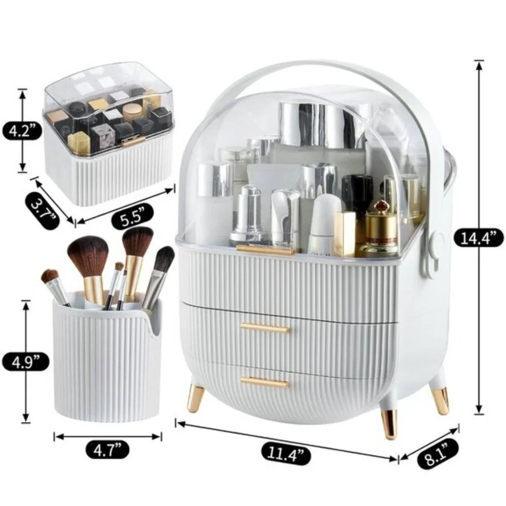 New Makeup Organizer with 2 Drawers, Skincare & Lipstick Storage Box in White